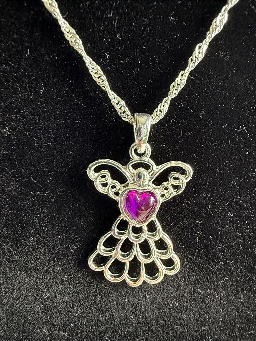 Mary Birthstone Angel Necklace - February Amethyst Color Pendant - new in box - Picture 2 of 4